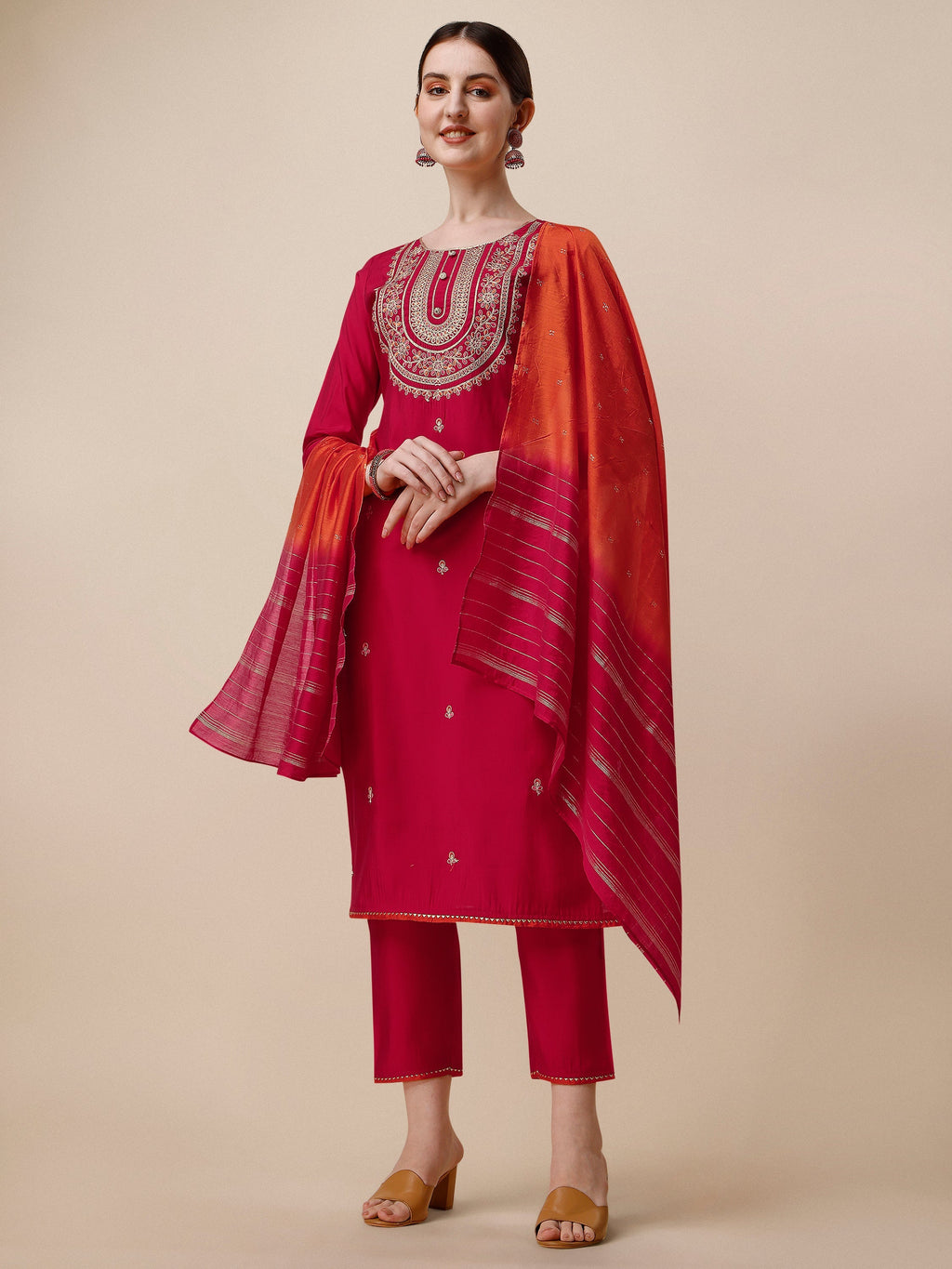 Embroidered Kurta With Pant And Dupatta Set, Multicolor - Hiral Fashion | Grocsy