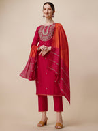 Embroidered Kurta With Pant And Dupatta Set, Multicolor - Hiral Fashion | Grocsy