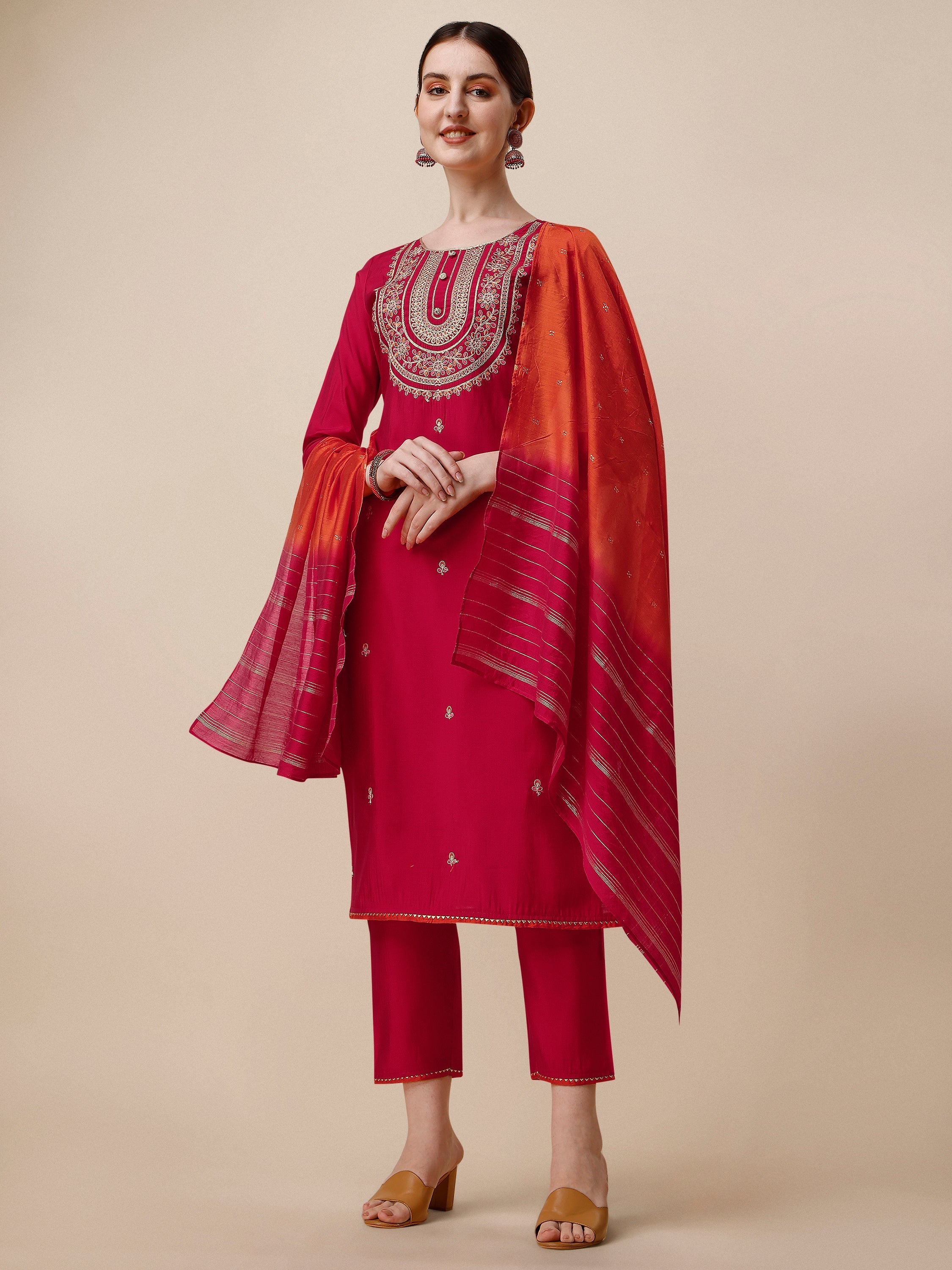 Embroidered Kurta With Pant And Dupatta Set, Multicolor - Hiral Fashion | Grocsy
