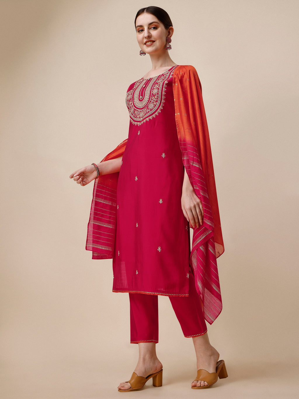 Embroidered Kurta With Pant And Dupatta Set, Multicolor - Hiral Fashion | Grocsy