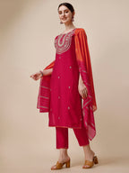 Embroidered Kurta With Pant And Dupatta Set, Multicolor - Hiral Fashion | Grocsy