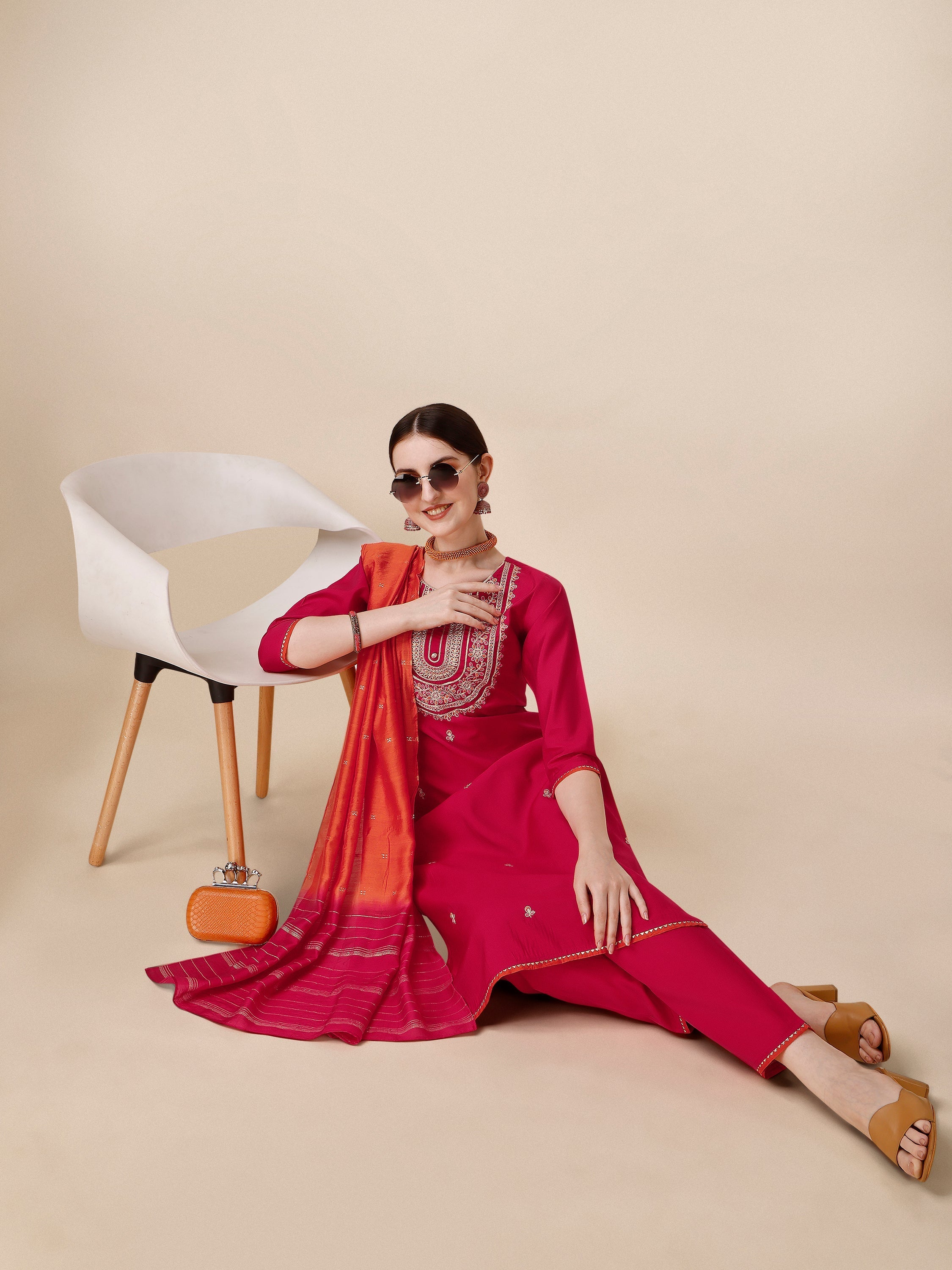Embroidered Kurta With Pant And Dupatta Set, Multicolor - Hiral Fashion | Grocsy