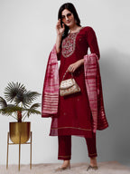 Embroidered Kurta With Pant And Dupatta Set, Multicolor - Hiral Fashion | Grocsy