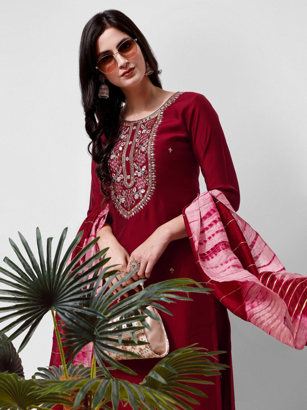 Embroidered Kurta With Pant And Dupatta Set, Multicolor - Hiral Fashion | Grocsy