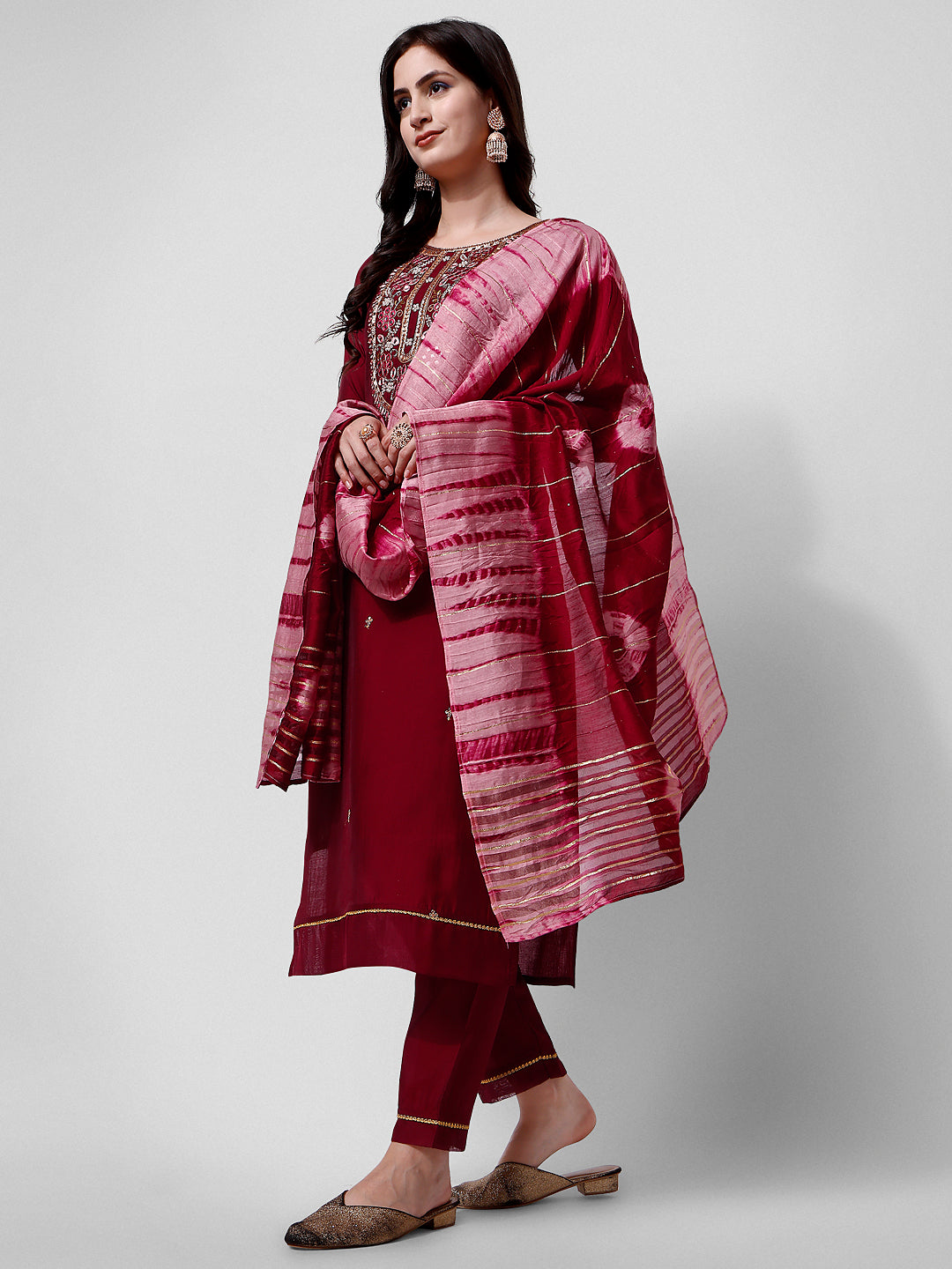 Embroidered Kurta With Pant And Dupatta Set, Multicolor - Hiral Fashion | Grocsy