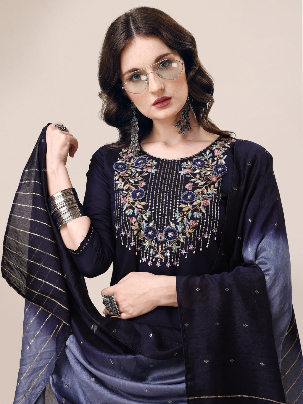 Hand Embroidered Kurta With Pant & Dupatta, Multicolor - Hiral Fashion | Grocsy
