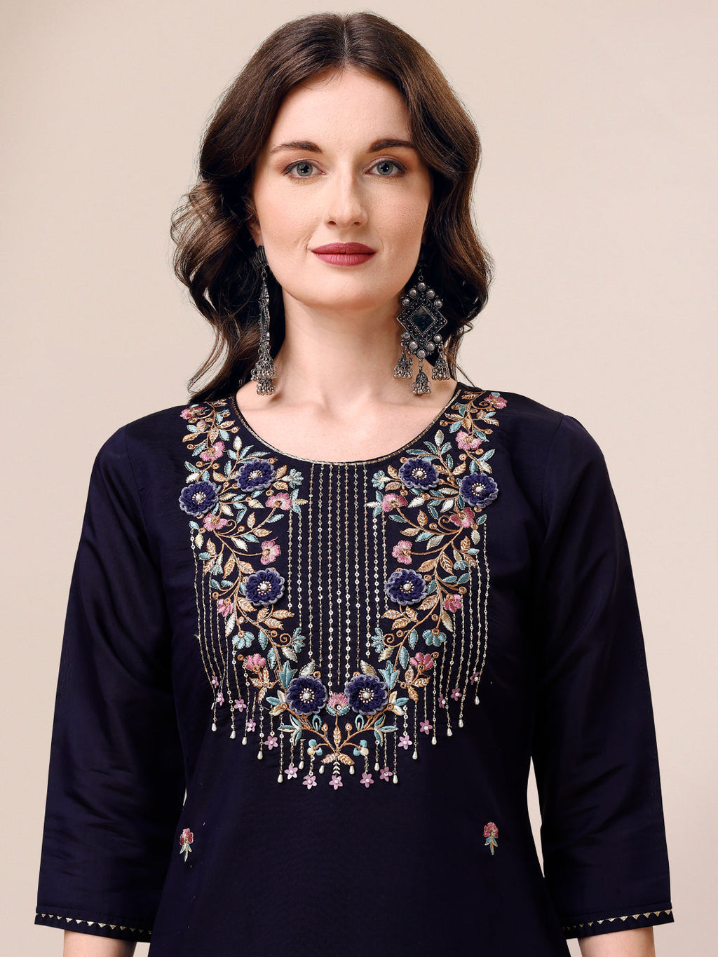 Hand Embroidered Kurta With Pant & Dupatta, Multicolor - Hiral Fashion | Grocsy