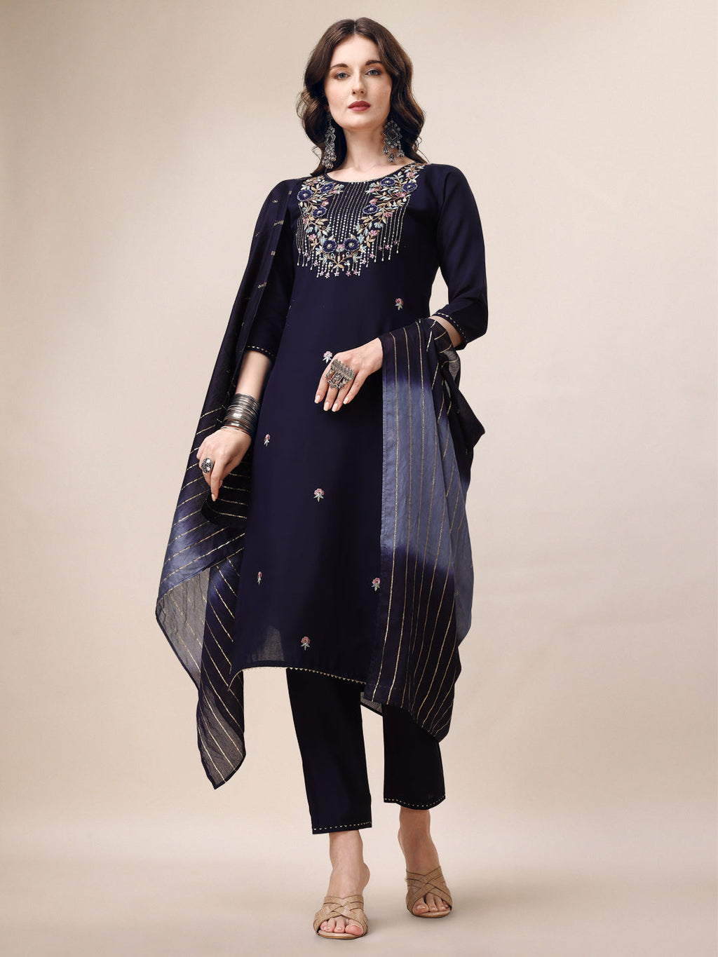 Hand Embroidered Kurta With Pant & Dupatta, Multicolor - Hiral Fashion | Grocsy