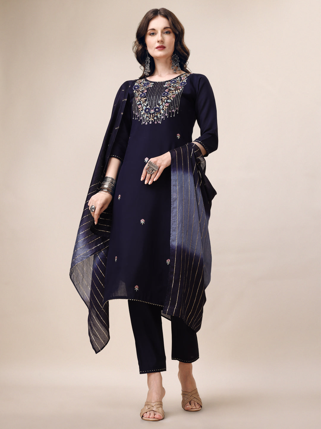 Hand Embroidered Kurta With Pant & Dupatta, Multicolor - Hiral Fashion | Grocsy