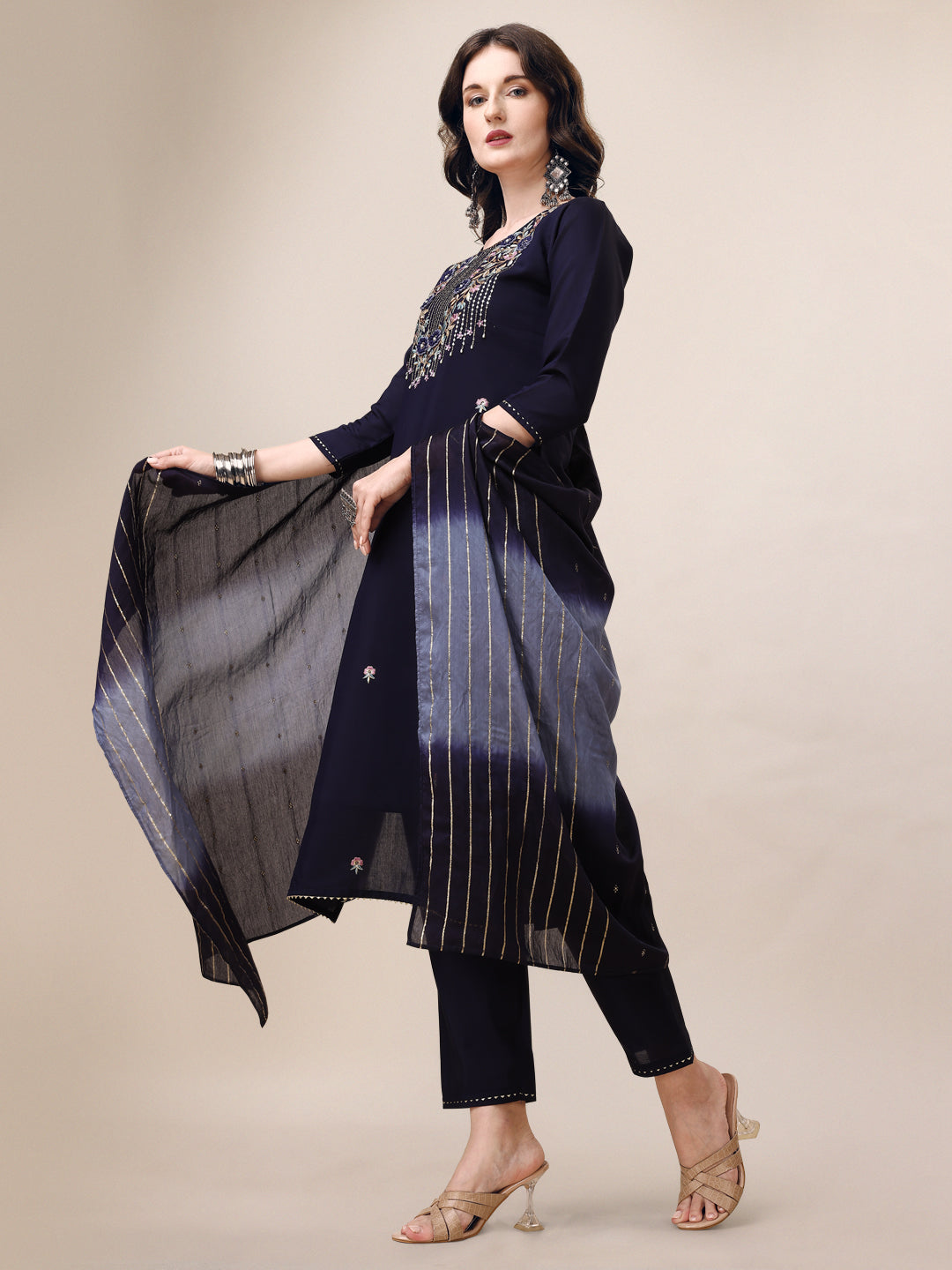Hand Embroidered Kurta With Pant & Dupatta, Multicolor - Hiral Fashion | Grocsy