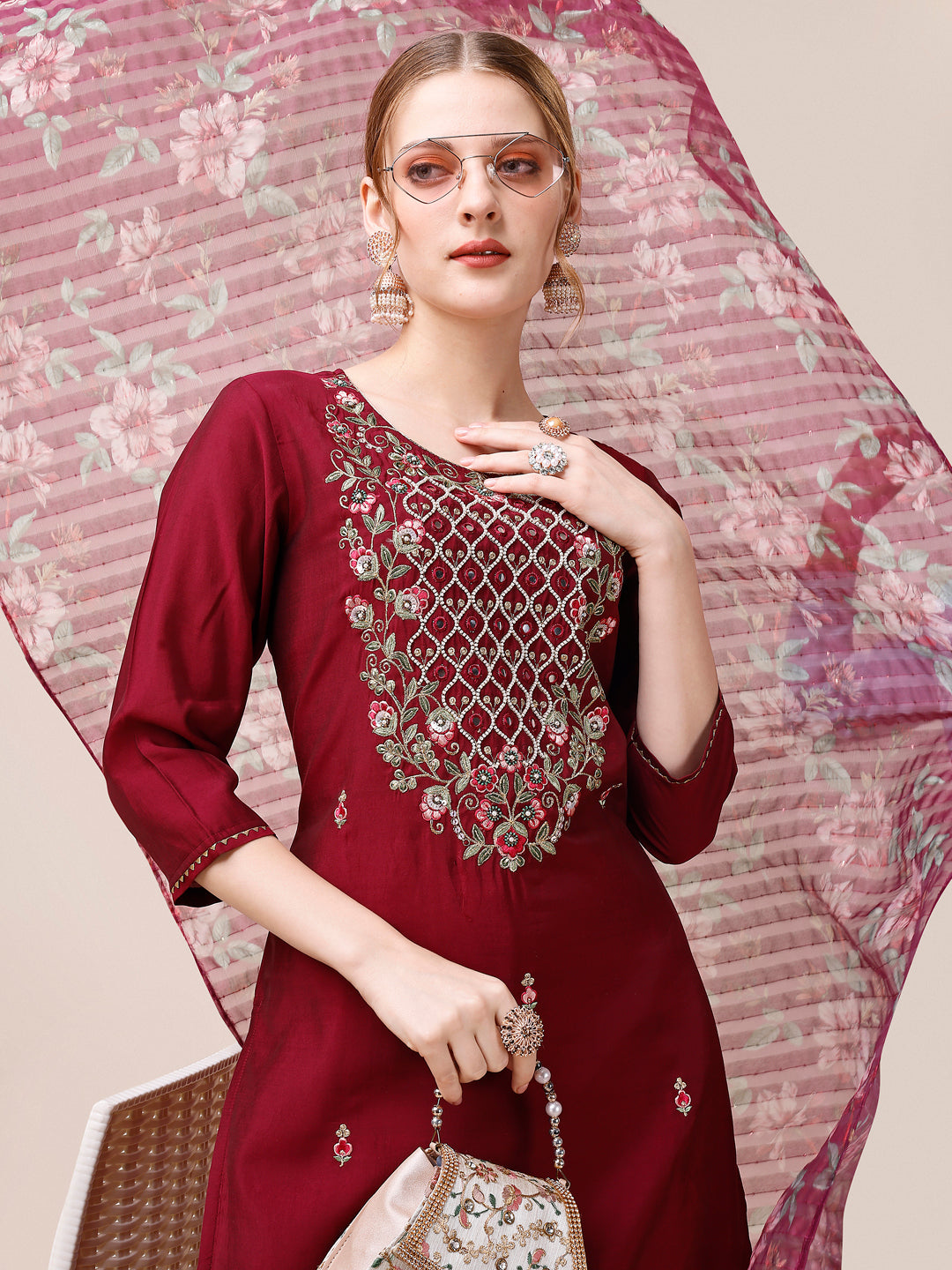 Mirror & Beads Hand Embroidered Kurta With Pant & Printed Organza Dupatta, Multicolor - Hiral Fashion | Grocsy
