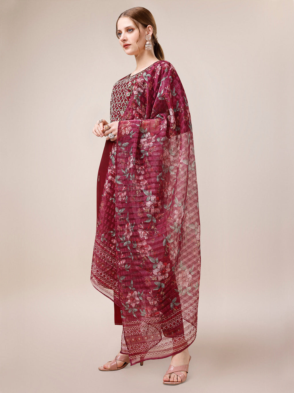 Mirror & Beads Hand Embroidered Kurta With Pant & Printed Organza Dupatta, Multicolor - Hiral Fashion | Grocsy