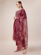 Mirror & Beads Hand Embroidered Kurta With Pant & Printed Organza Dupatta, Multicolor - Hiral Fashion | Grocsy