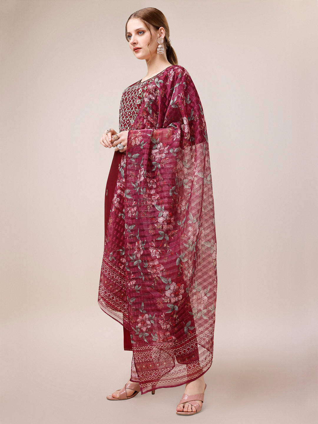 Mirror & Beads Hand Embroidered Kurta With Pant & Printed Organza Dupatta, Multicolor - Hiral Fashion | Grocsy