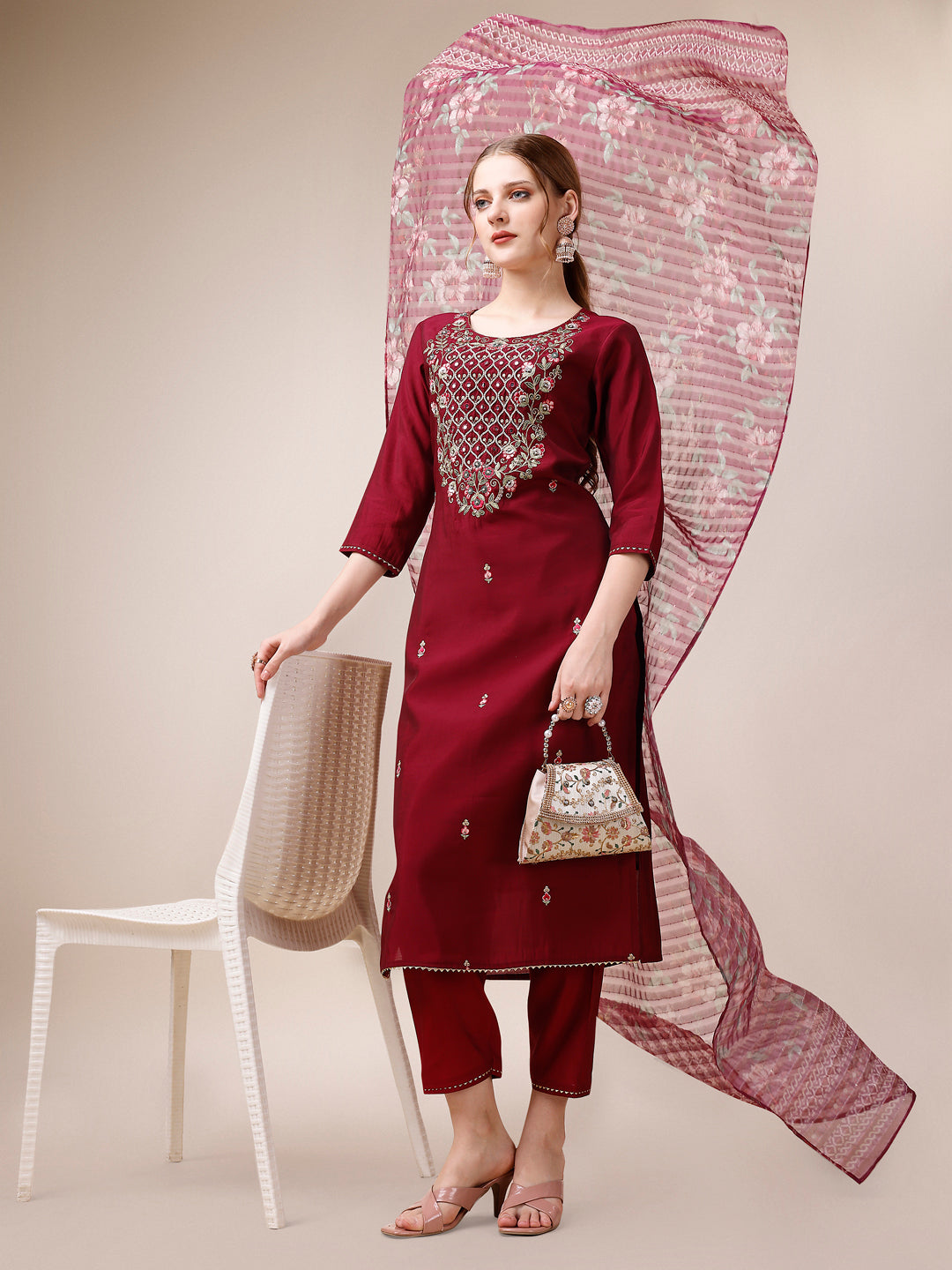Mirror & Beads Hand Embroidered Kurta With Pant & Printed Organza Dupatta, Multicolor - Hiral Fashion | Grocsy