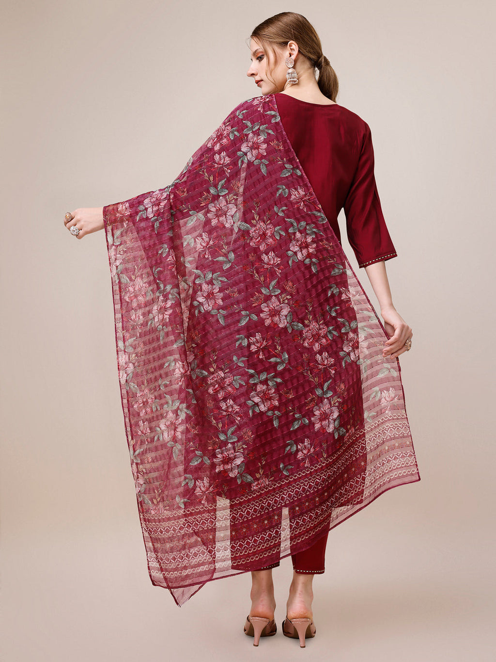 Mirror & Beads Hand Embroidered Kurta With Pant & Printed Organza Dupatta, Multicolor - Hiral Fashion | Grocsy