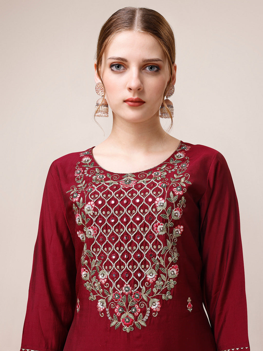 Mirror & Beads Hand Embroidered Kurta With Pant & Printed Organza Dupatta, Multicolor - Hiral Fashion | Grocsy