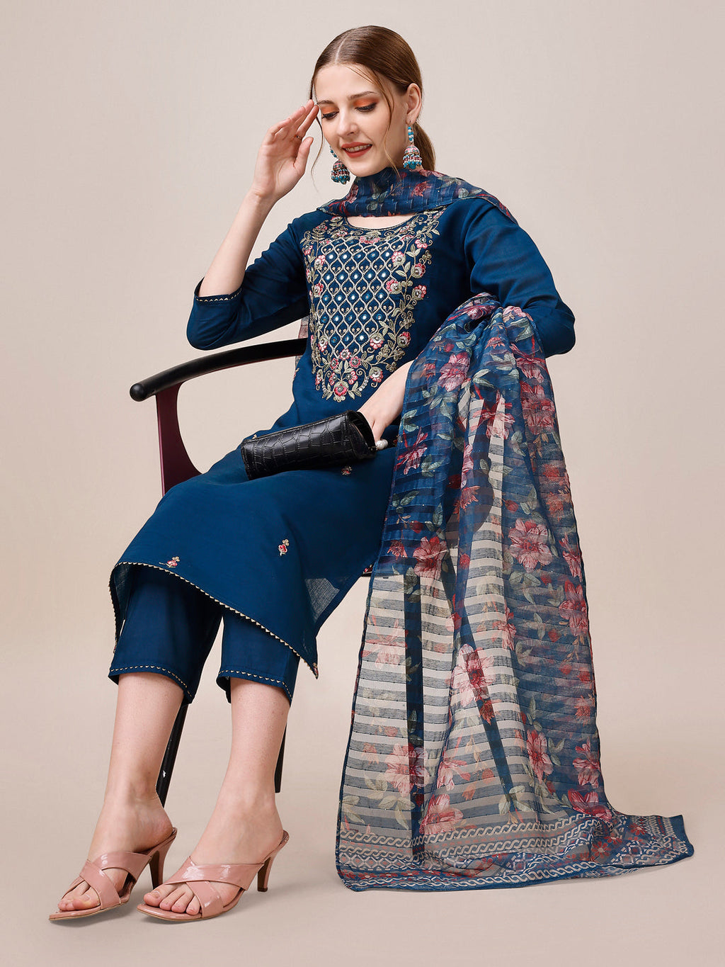 Hand Embroidered Kurta With Pant And Dupatta Set, Multicolor - Hiral Fashion | Grocsy