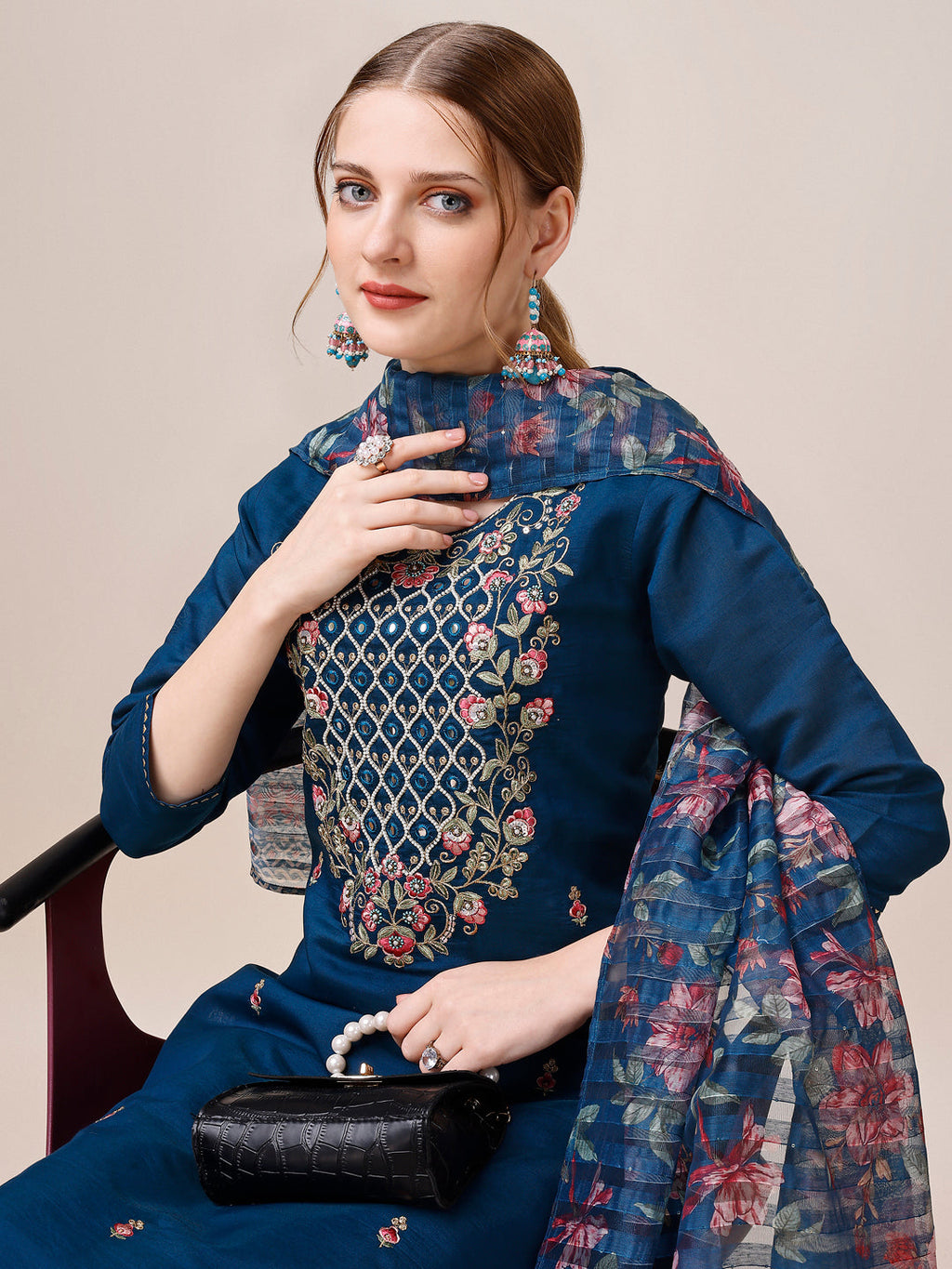 Hand Embroidered Kurta With Pant And Dupatta Set, Multicolor - Hiral Fashion | Grocsy