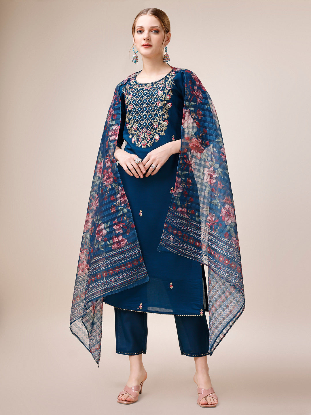 Hand Embroidered Kurta With Pant And Dupatta Set, Multicolor - Hiral Fashion | Grocsy