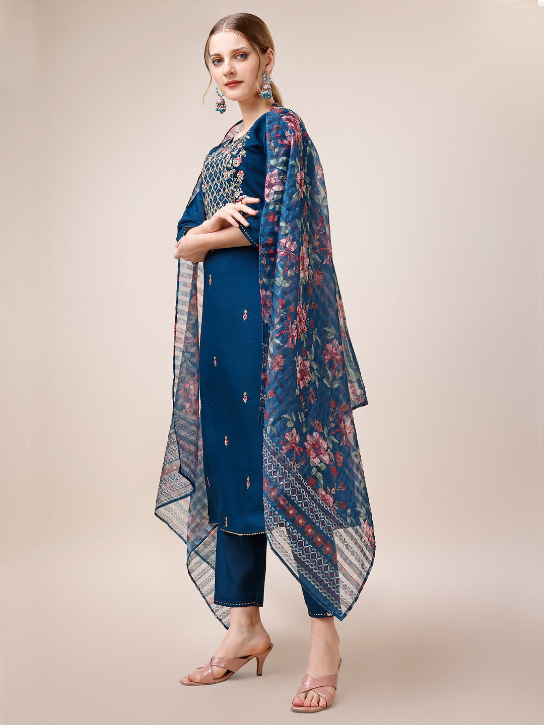 Hand Embroidered Kurta With Pant And Dupatta Set, Multicolor - Hiral Fashion | Grocsy