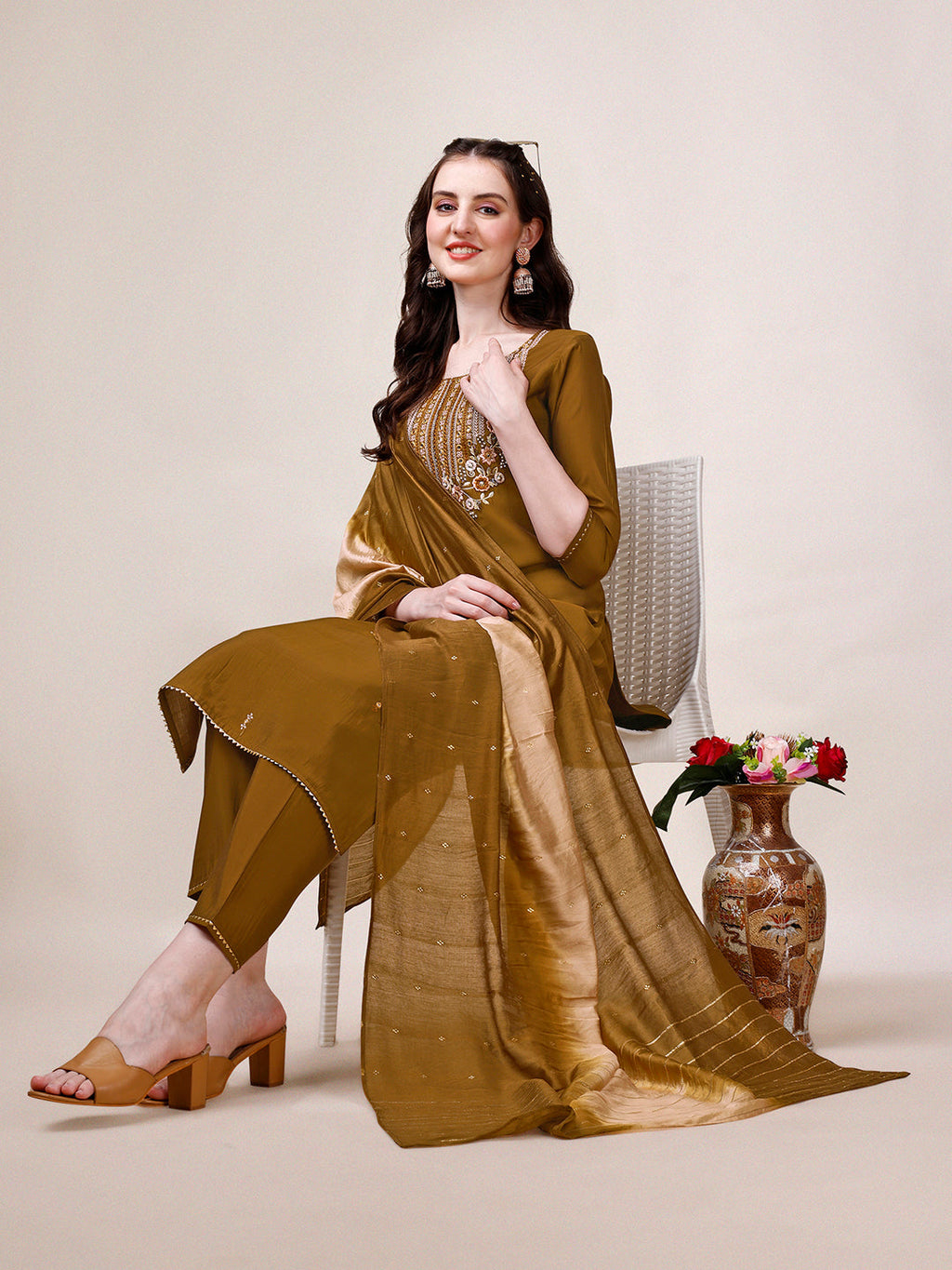 Hand Embroidered Kurta With Pant & Dupatta, Multicolor - Hiral Fashion | Grocsy