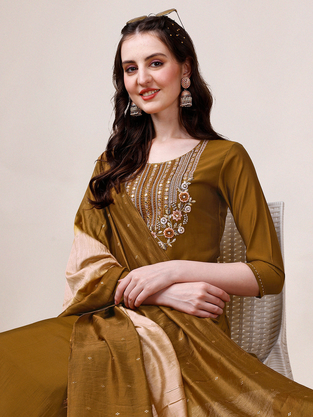 Hand Embroidered Kurta With Pant & Dupatta, Multicolor - Hiral Fashion | Grocsy