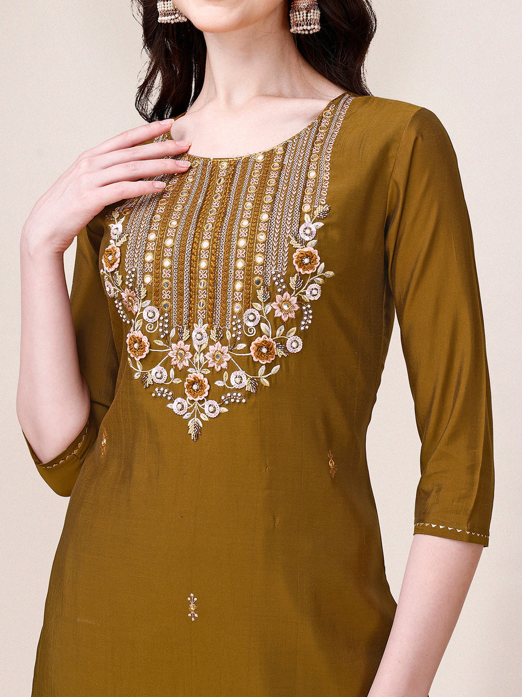Hand Embroidered Kurta With Pant & Dupatta, Multicolor - Hiral Fashion | Grocsy