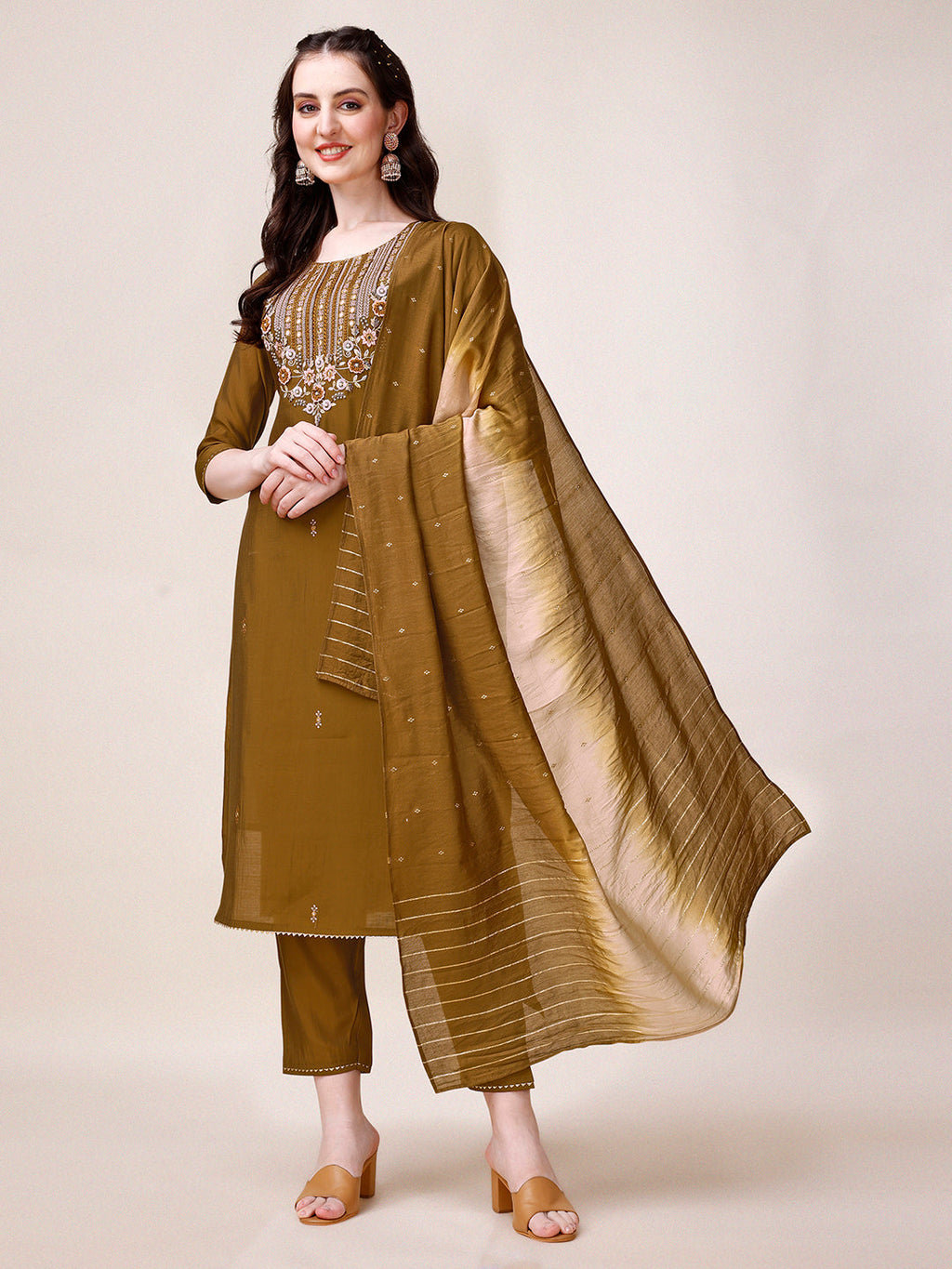 Hand Embroidered Kurta With Pant & Dupatta, Multicolor - Hiral Fashion | Grocsy
