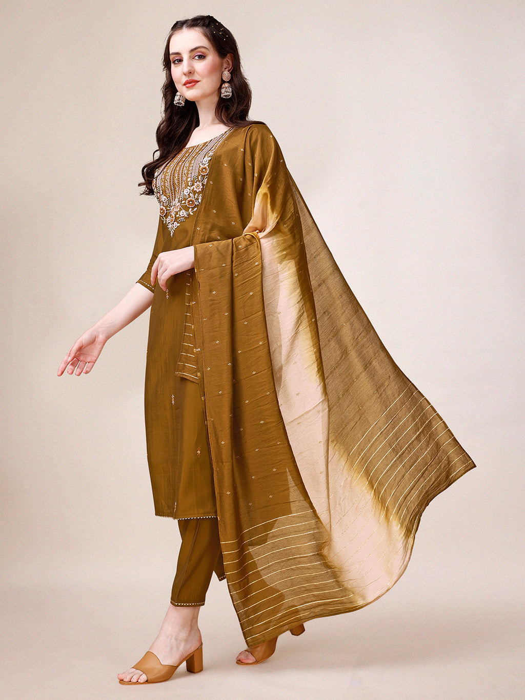 Hand Embroidered Kurta With Pant & Dupatta, Multicolor - Hiral Fashion | Grocsy