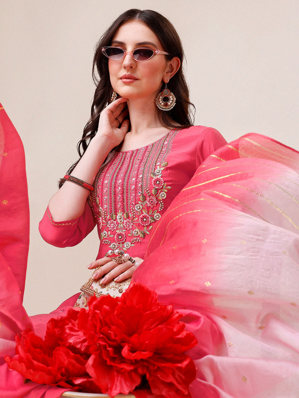Embroidered Kurta With Pant And Dupatta Set, Multicolor - Hiral Fashion | Grocsy