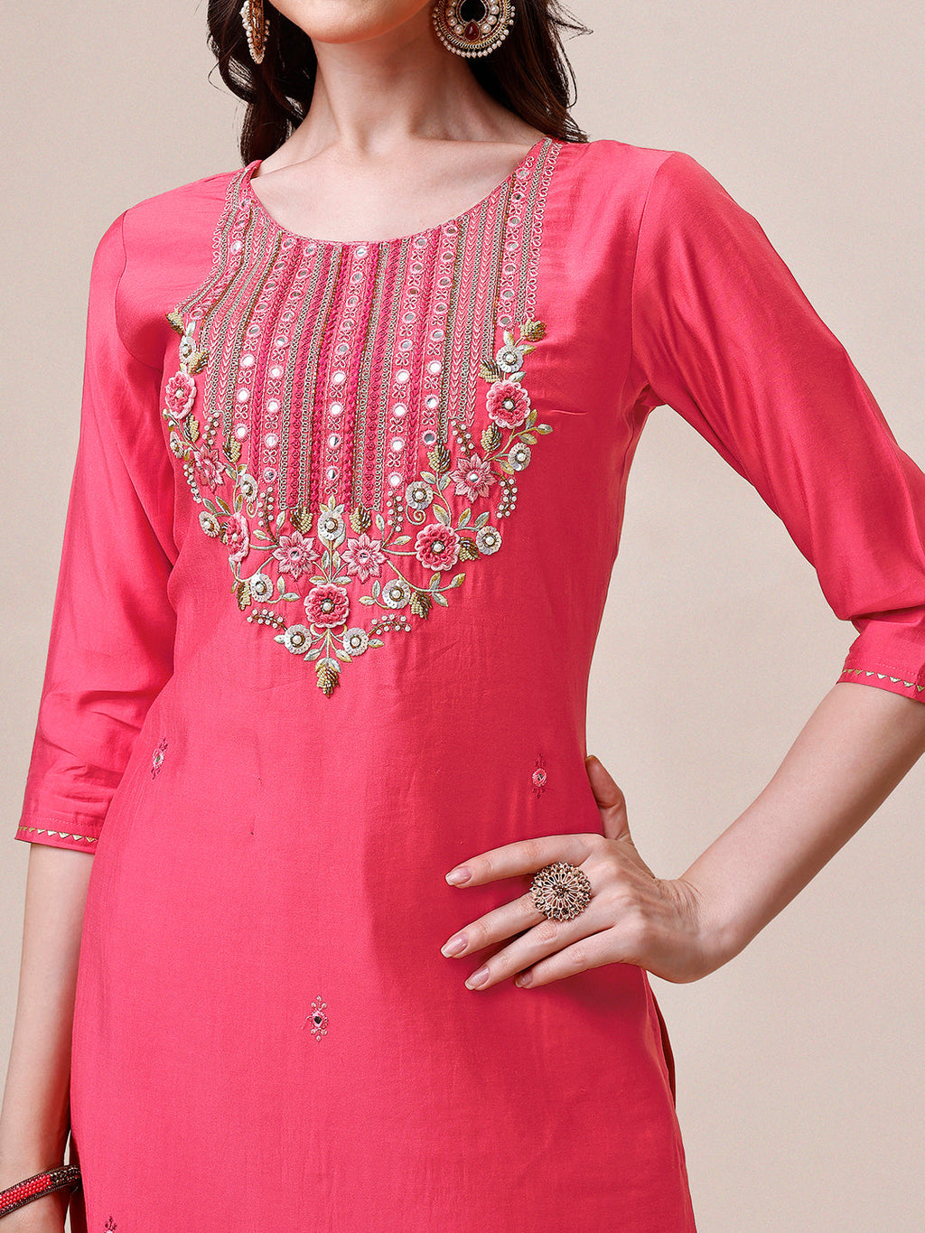 Embroidered Kurta With Pant And Dupatta Set, Multicolor - Hiral Fashion | Grocsy