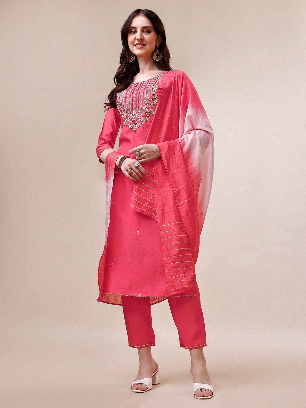 Embroidered Kurta With Pant And Dupatta Set, Multicolor - Hiral Fashion | Grocsy