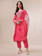 Embroidered Kurta With Pant And Dupatta Set, Multicolor - Hiral Fashion | Grocsy