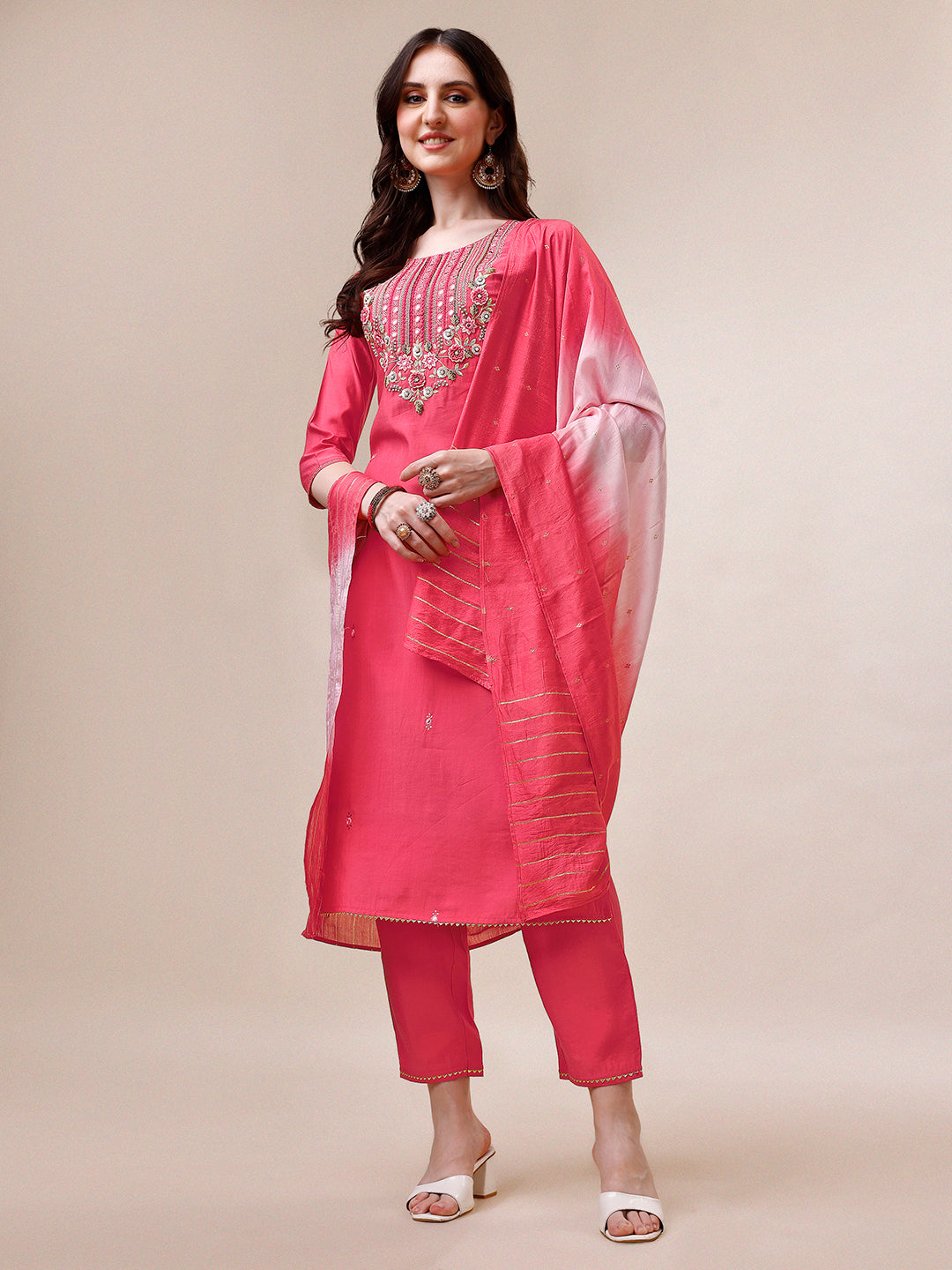 Embroidered Kurta With Pant And Dupatta Set, Multicolor - Hiral Fashion | Grocsy