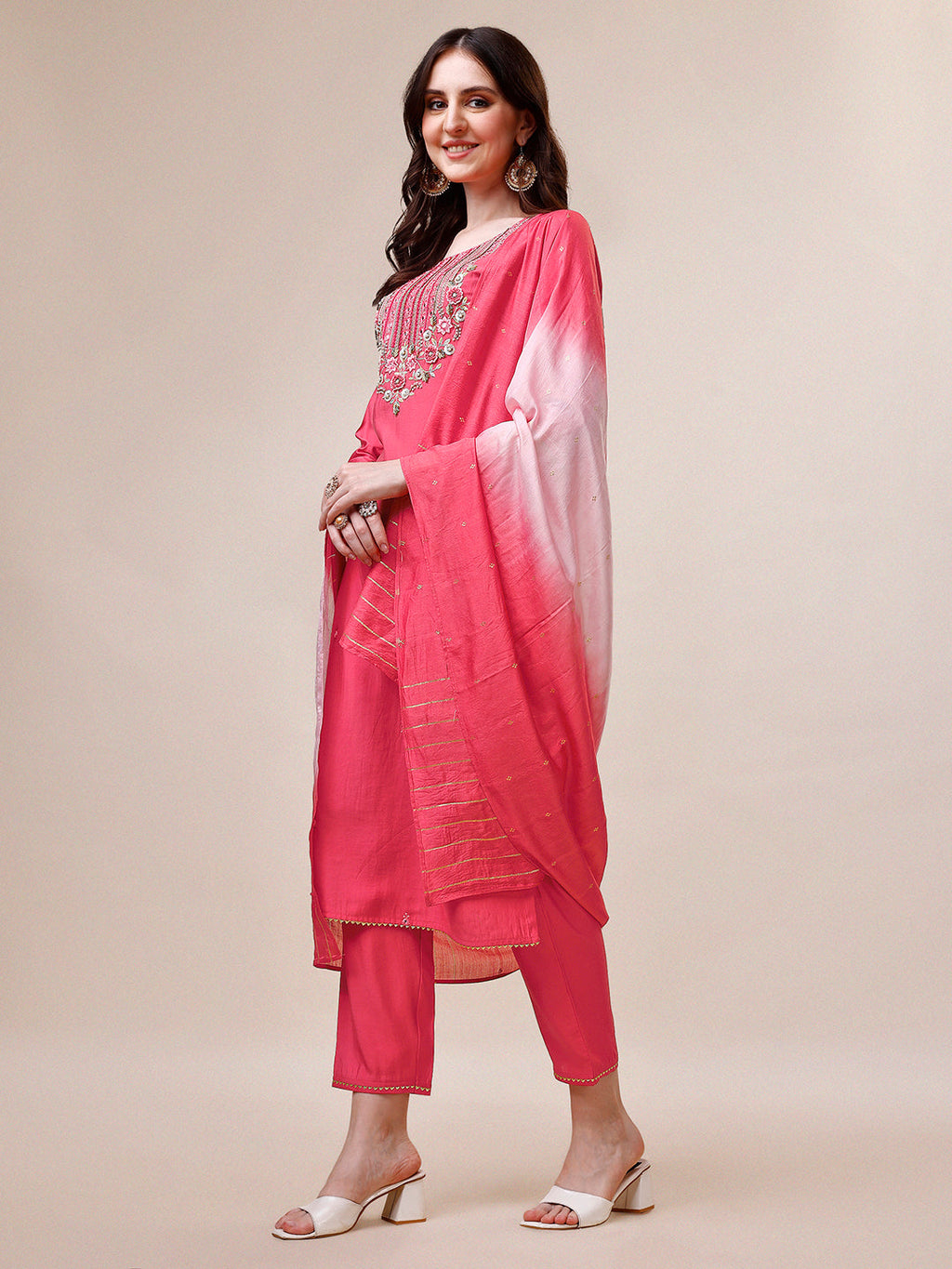 Embroidered Kurta With Pant And Dupatta Set, Multicolor - Hiral Fashion | Grocsy