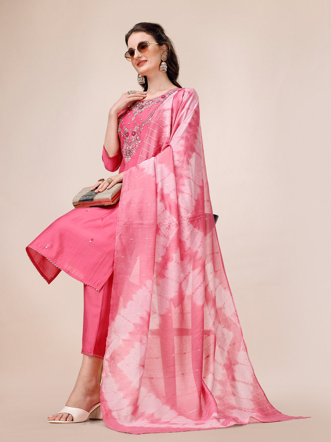 Hand Embroidered & Embroidered Kurta With Pant & 2 Toned Dyed Dupatta, Multicolor - Hiral Fashion | Grocsy