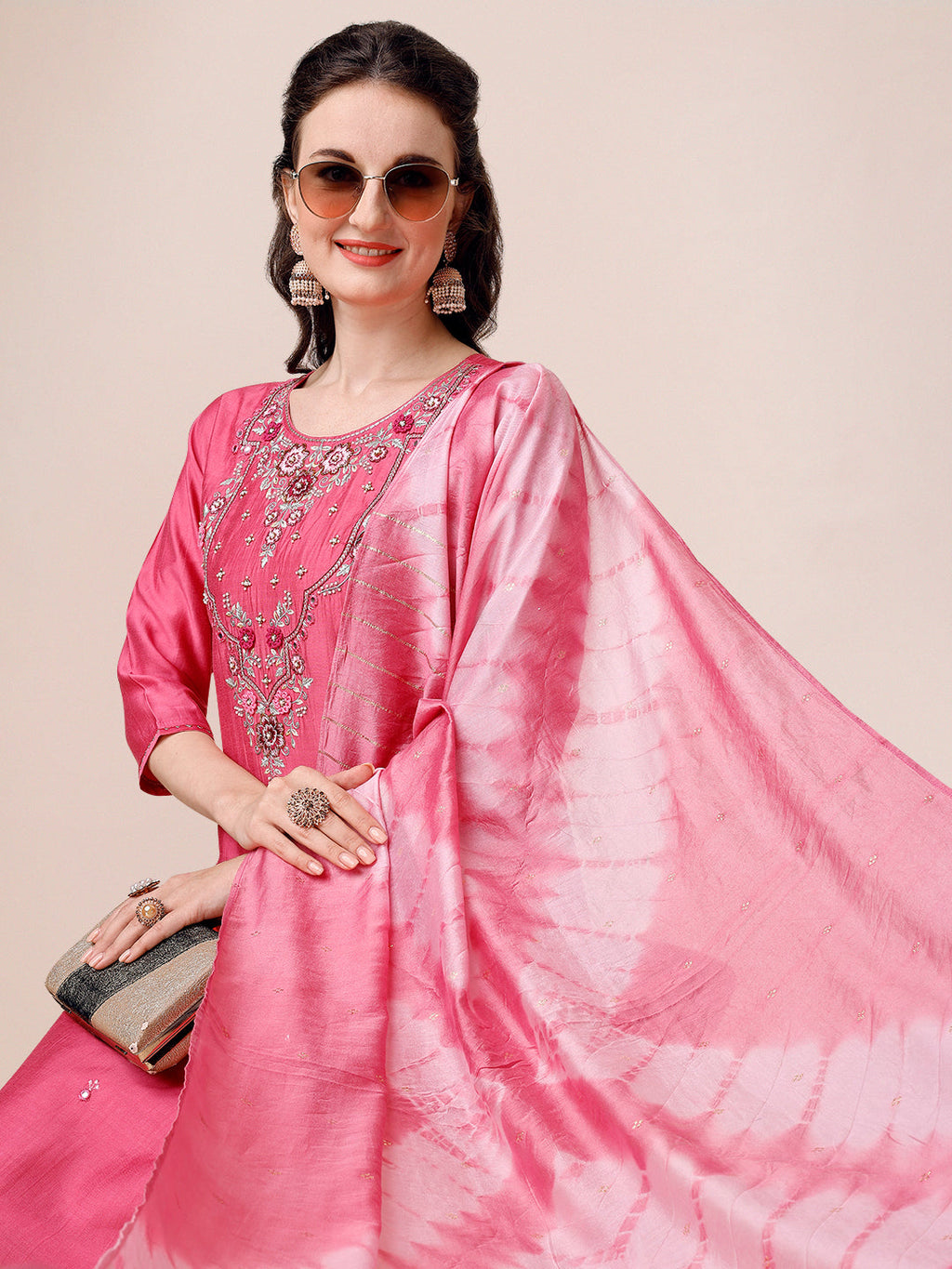 Hand Embroidered & Embroidered Kurta With Pant & 2 Toned Dyed Dupatta, Multicolor - Hiral Fashion | Grocsy