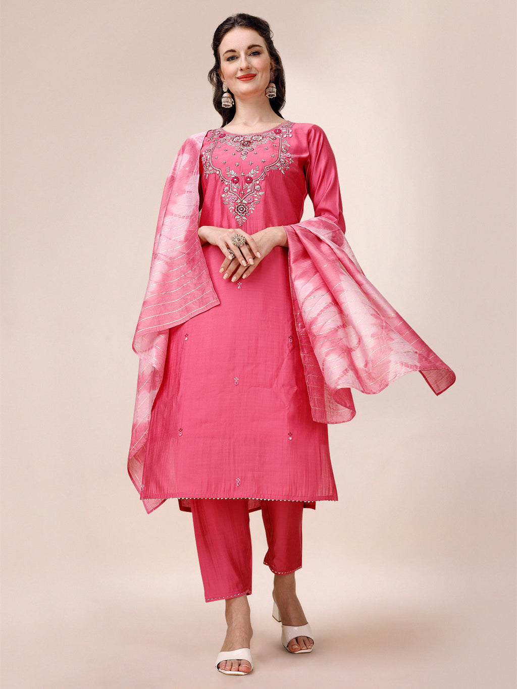 Hand Embroidered & Embroidered Kurta With Pant & 2 Toned Dyed Dupatta, Multicolor - Hiral Fashion | Grocsy