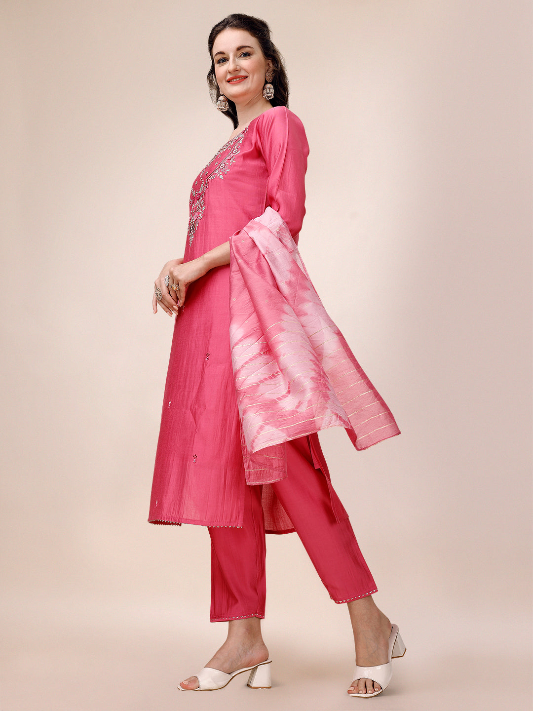 Hand Embroidered & Embroidered Kurta With Pant & 2 Toned Dyed Dupatta, Multicolor - Hiral Fashion | Grocsy