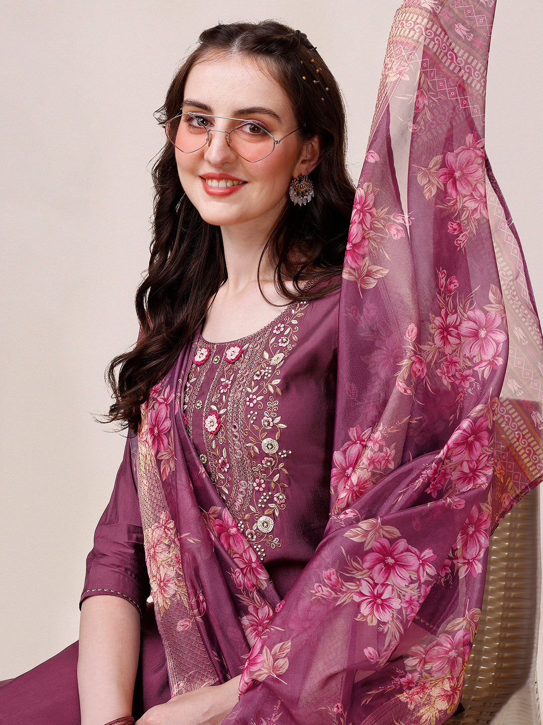 Hand Embroidered Kurta With Pant & Printed Dupatta, Multicolor - Hiral Fashion | Grocsy