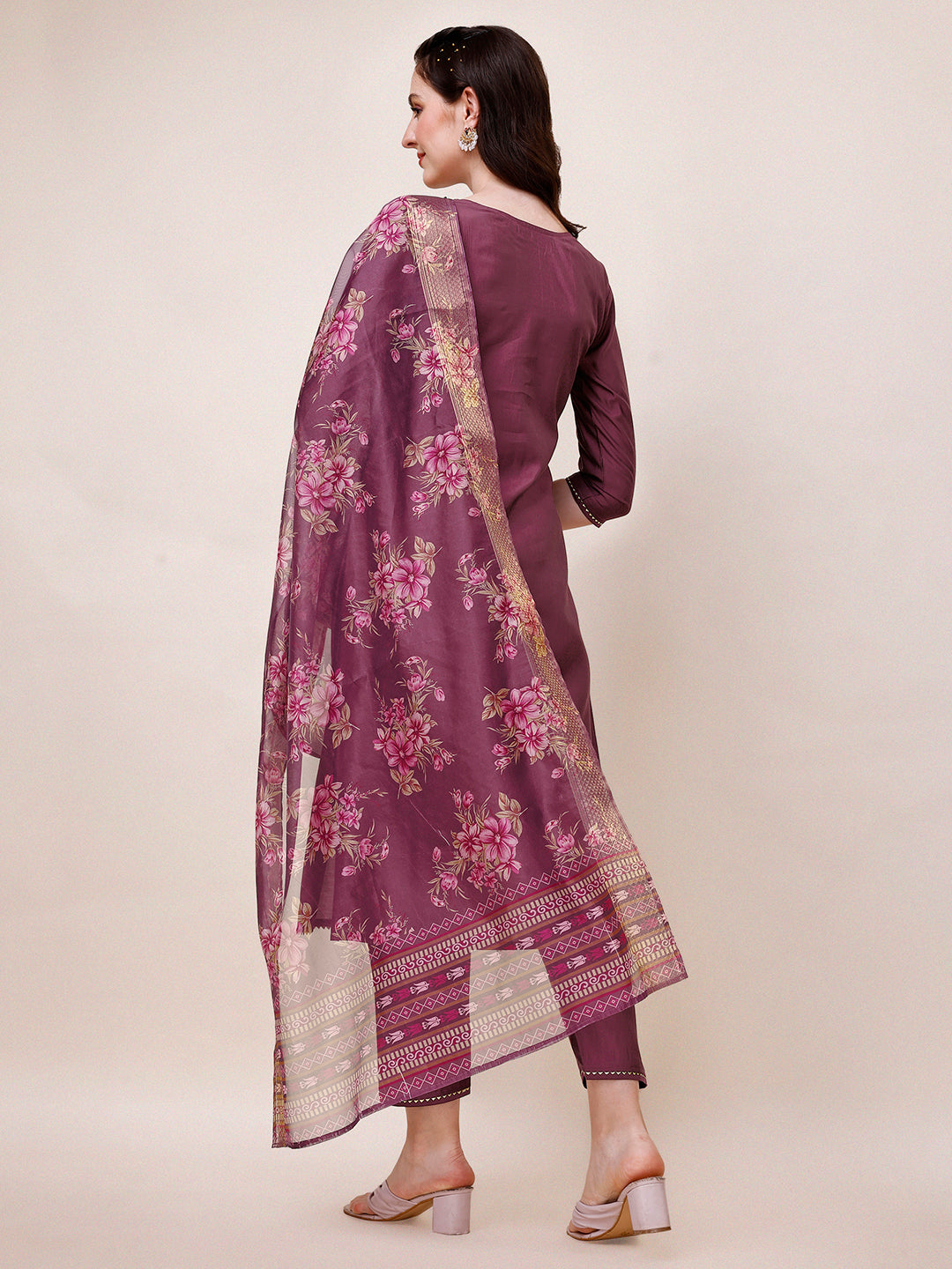 Hand Embroidered Kurta With Pant & Printed Dupatta, Multicolor - Hiral Fashion | Grocsy