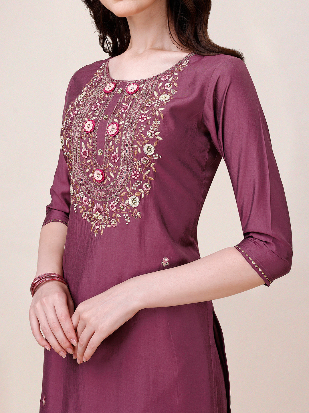 Hand Embroidered Kurta With Pant & Printed Dupatta, Multicolor - Hiral Fashion | Grocsy