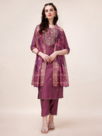 Hand Embroidered Kurta With Pant & Printed Dupatta, Multicolor - Hiral Fashion | Grocsy