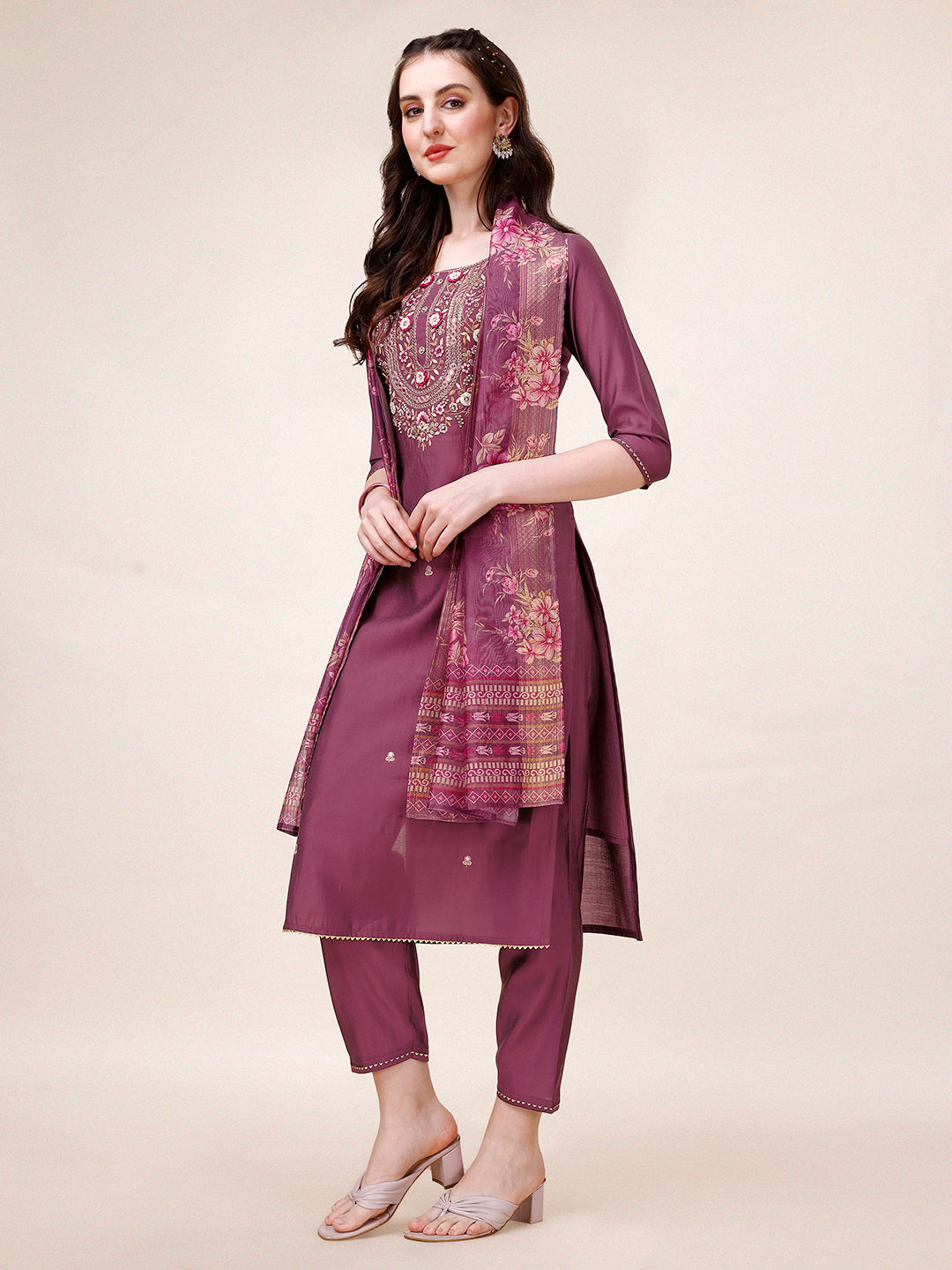 Hand Embroidered Kurta With Pant & Printed Dupatta, Multicolor - Hiral Fashion | Grocsy