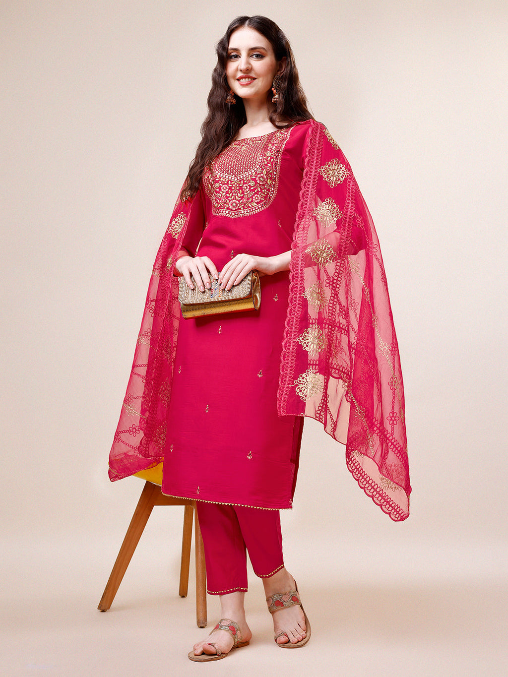 Embroidered Kurta With Pant And Dupatta Set, Multicolor - Hiral Fashion | Grocsy