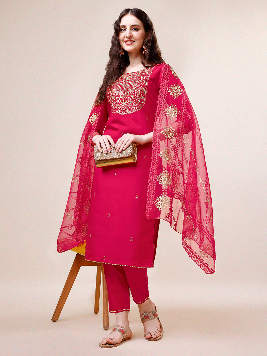 Embroidered Kurta With Pant And Dupatta Set, Multicolor - Hiral Fashion | Grocsy