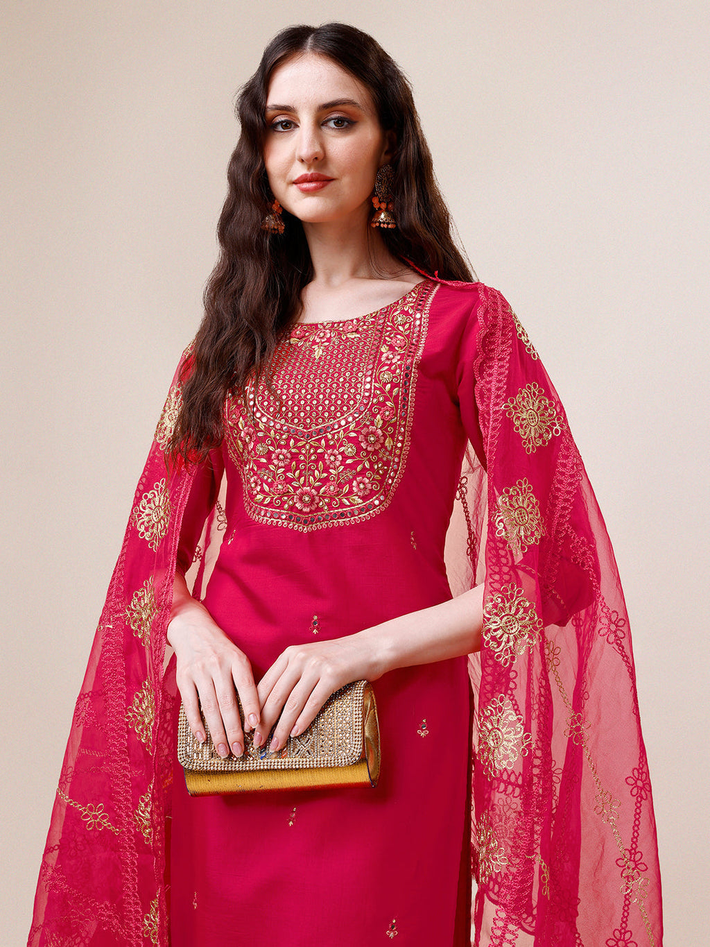 Embroidered Kurta With Pant And Dupatta Set, Multicolor - Hiral Fashion | Grocsy