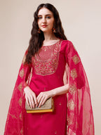 Embroidered Kurta With Pant And Dupatta Set, Multicolor - Hiral Fashion | Grocsy