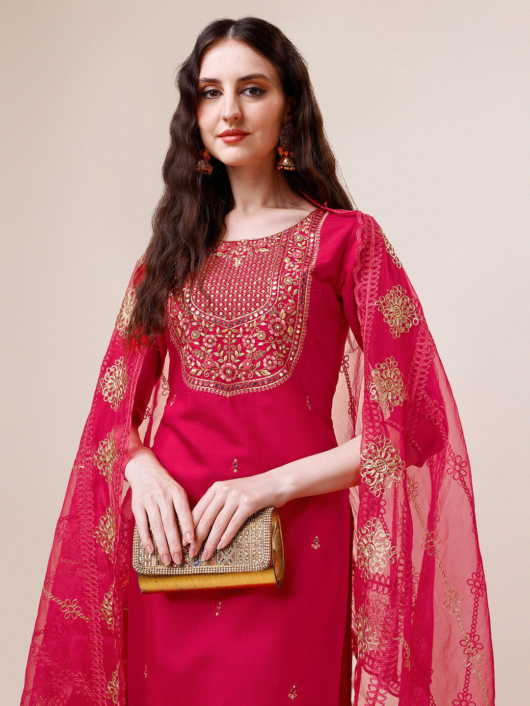 Embroidered Kurta With Pant And Dupatta Set, Multicolor - Hiral Fashion | Grocsy